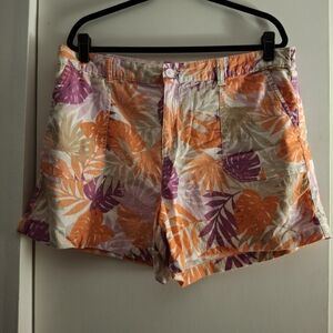 Basic Editions Women's Orange and Purple Floral Linen Bermuda Shorts